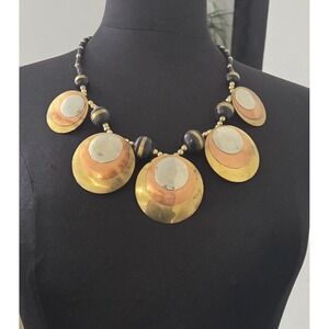 Vintage Statement Collar Necklace Copper Brass Silver Discs Beaded Mixed Metals